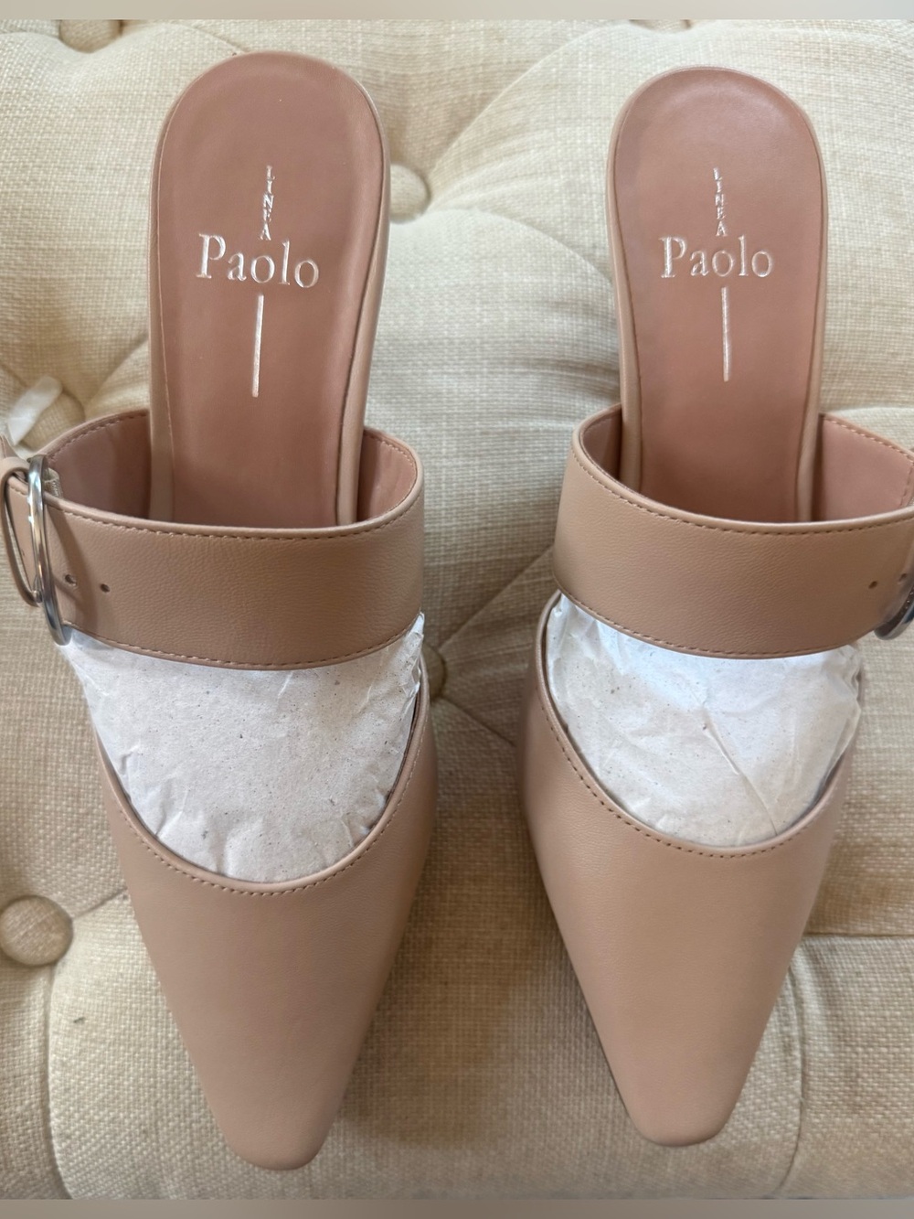 NWT Linea Paolo Tan Pointed Leather Mule with Buckle Strap